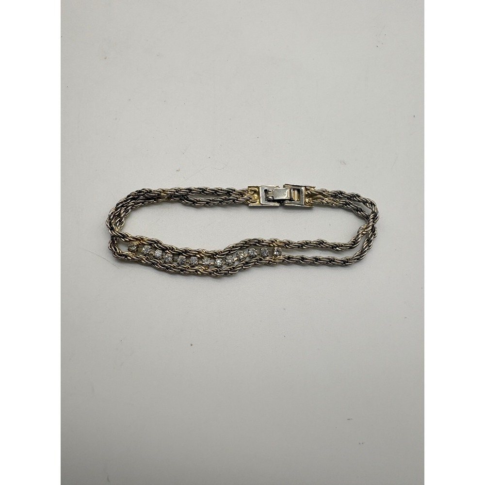 Two Tone Rope Chain Bracelet Gold Silver Rhinestone Layered 7 Inch‎ - Picture 6 of 9